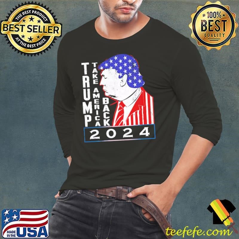 Donald Trump 2024 Take America Back Drawing USa Flag Long Sleeve Tee