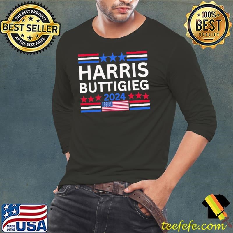 Harris Buttigieg 2024 Election Stars Red And Blue USa Flag Long Sleeve Tee