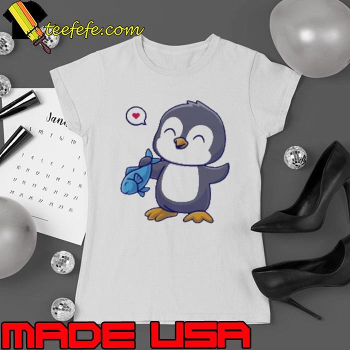 Cute Penguin Holding Fish Cartoon Ladies tee