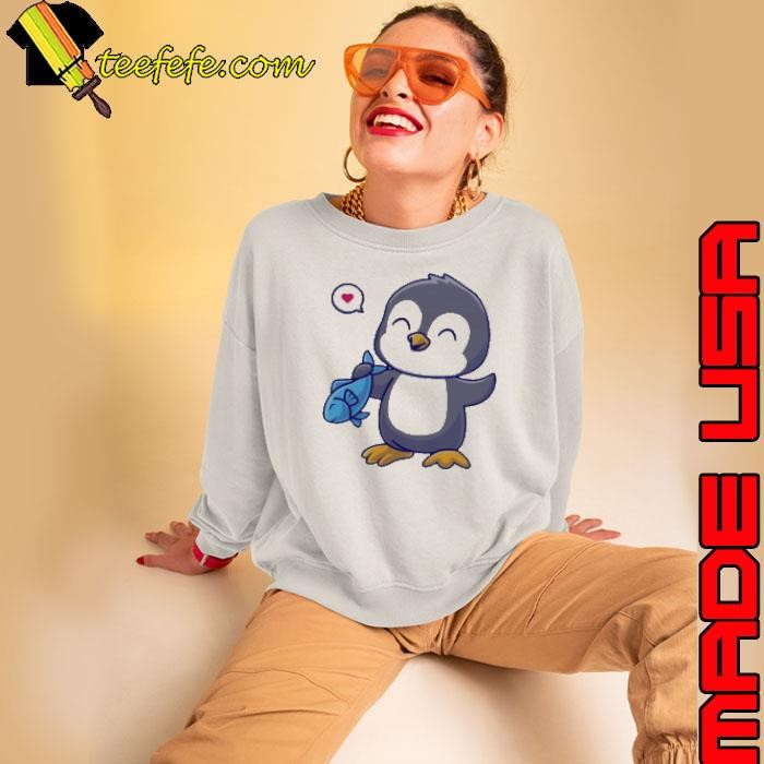 Cute Penguin Holding Fish Cartoon Sweatshirt
