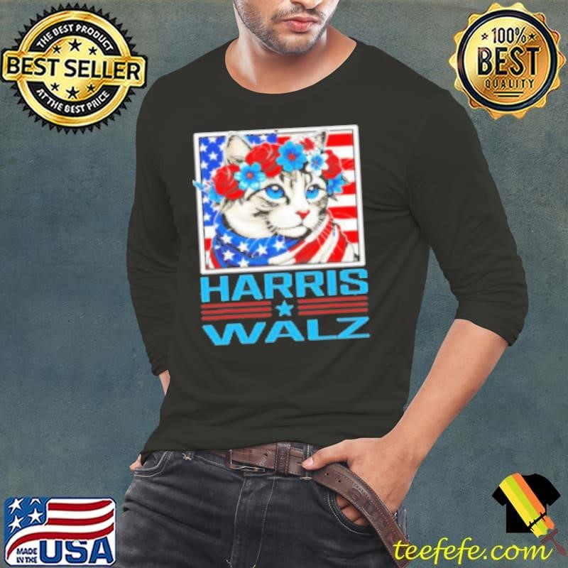 Harris Walz Cat Lady With Floral Headband USA Flag Long Sleeve Tee