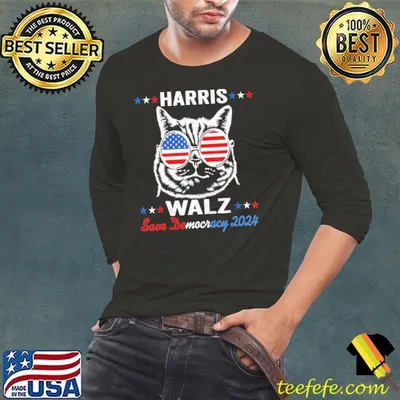 Harris Walz Save Democracy 2024 Cat Sunglasses Usa Flag Vote T-Shirt