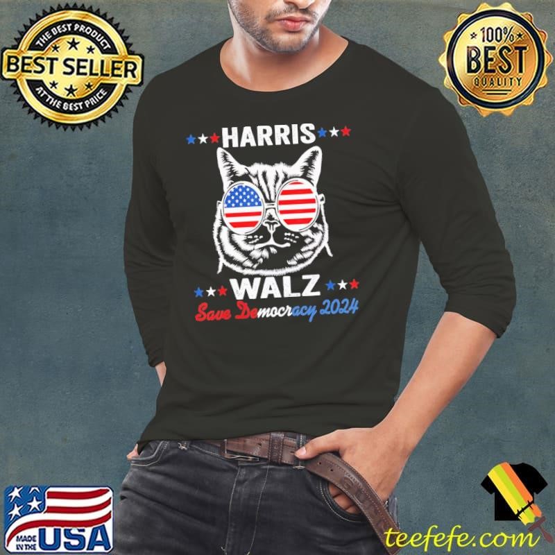 Harris Walz Save Democracy 2024 Cat Sunglasses Usa Flag Vote T-Shirt