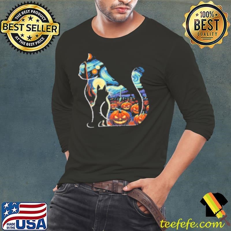 Black Cat Pumpkin Starry Sky Halloween Teacher Long Sleeve Tee
