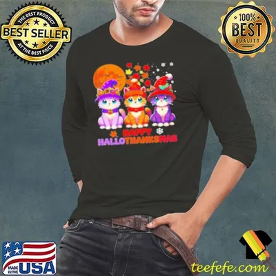Halloween Thanksgiving Christmas Happy Hallothanksmas Cats Cute Shirt