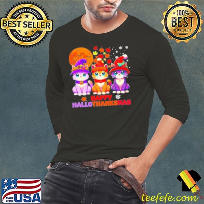 Halloween Thanksgiving Christmas Happy Hallothanksmas Cats Cute Shirt