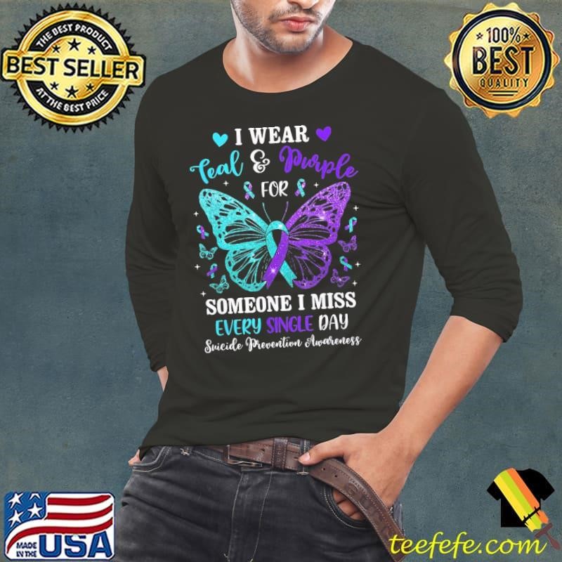 I Wear Teal Purple Suicide Prevention Awareness Butterfly Long Sleeve Tee