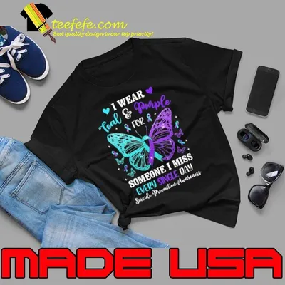 I Wear Teal Purple Suicide Prevention Awareness Butterfly T-Shirt