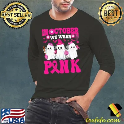 In October Wear Pink Breast Cancer Warrior Ghost Halloween Groovy T-Shirt