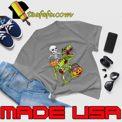 Skeleton Riding Zombie Dinosaur T rex Halloween Pumpkin Shirt