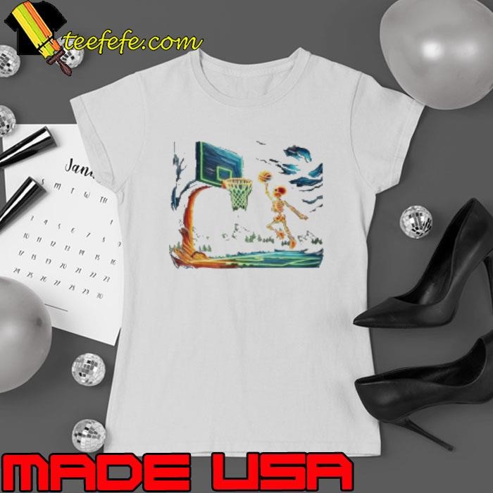 Skeleton Slam Dunk Hoop Basketball Halloween Boys Fans Ladies tee