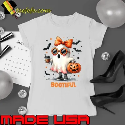 Boo Jee Ghost Drinking Coffee Coquette Bow Bats Halloween T-Shirt