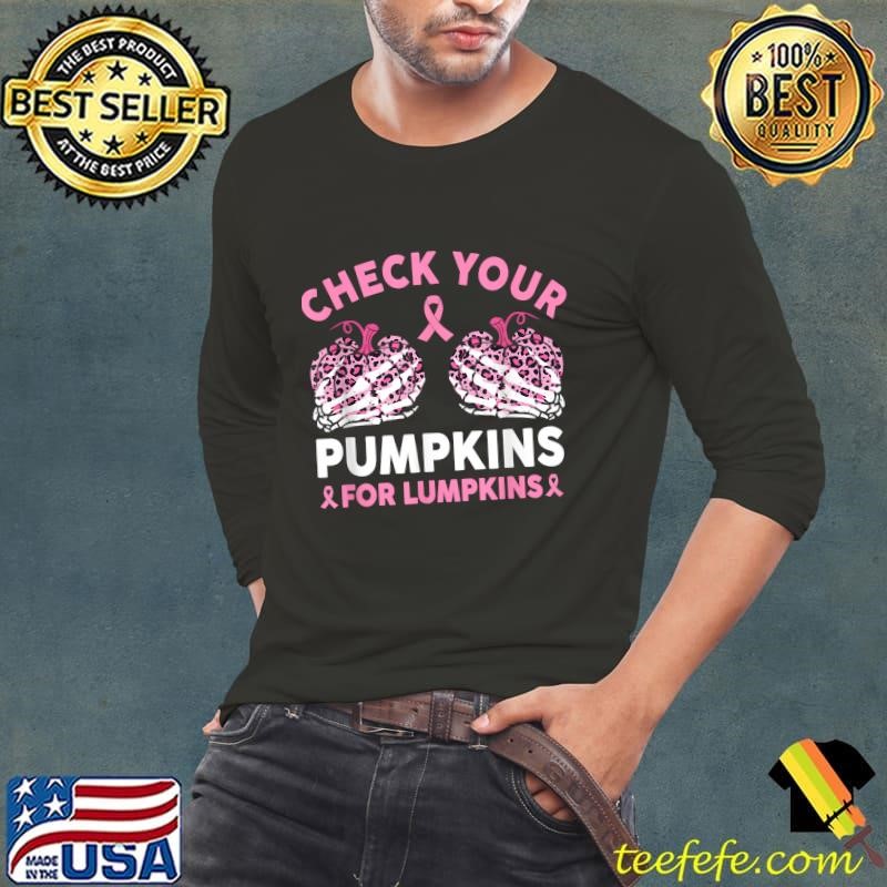 Check Your Pumpkins Breast Cancer Awareness Halloween Leopard Skeleton Hand T-Shirt