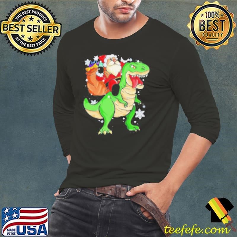 Christmas Trex Dinosaur Santa Claus Riding Trex Xmas Long Sleeve Tee