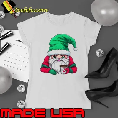 Funny Cartoon Santa Claus with Merry Christmas Hat Holding Iced Coffee Shirt