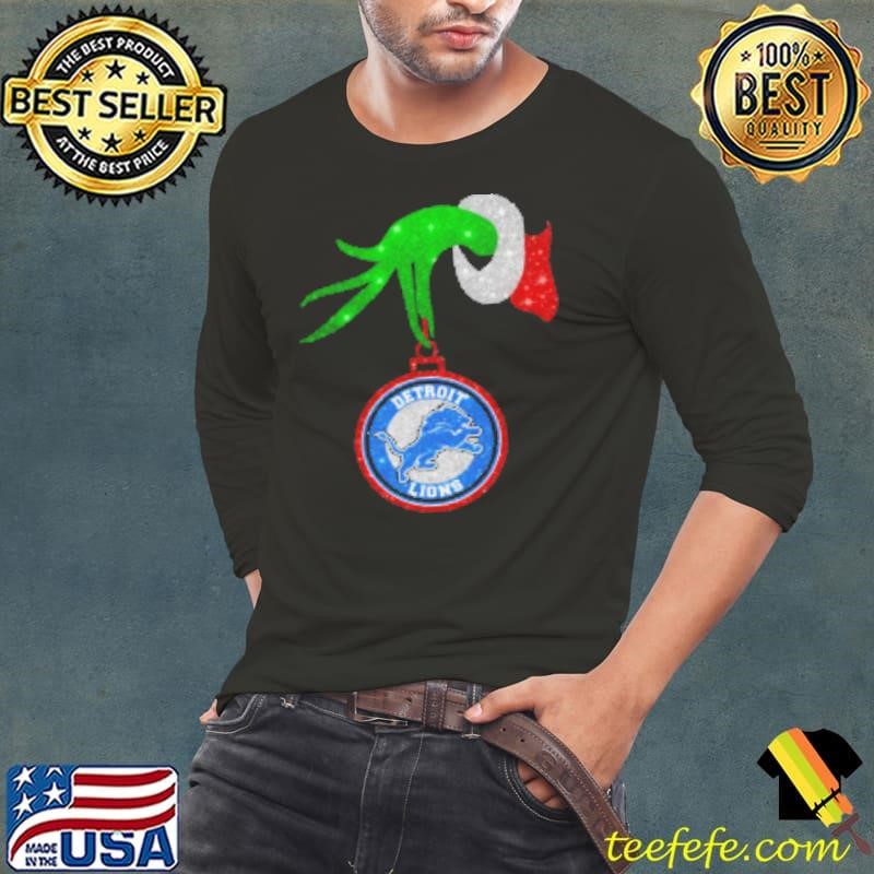 Grinch Hand Holding Detroit Lions Christmas Long Sleeve Tee