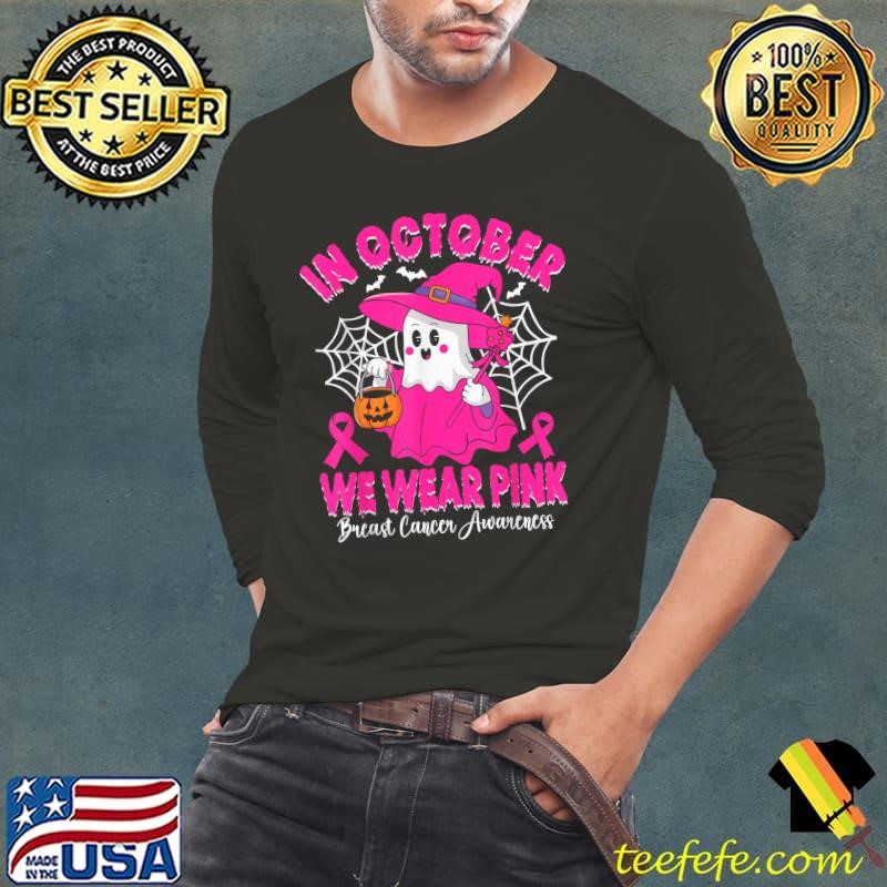 In October We Wear Pink Breast Cancer Awareness Bats Boo Halloween T-Shirt