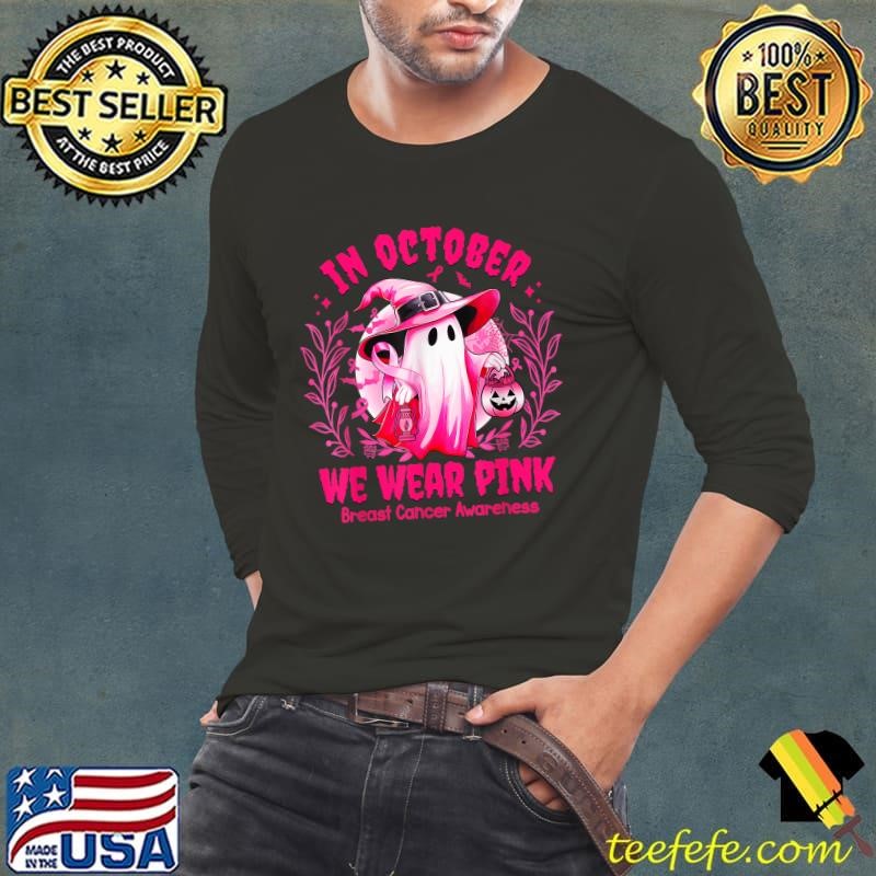 In October We Wear Pink Breast Cancer Awareness Halloween Moon T-Shirt
