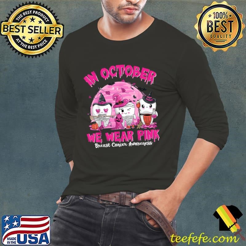 In October we Wear Pink Breast Cancer Dentist Dental Moon Bats Halloween T-Shirt