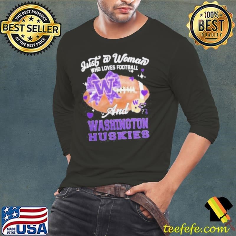 Just A Woman Who Loves Football And Washington Huskies Helmet Long Sleeve Tee