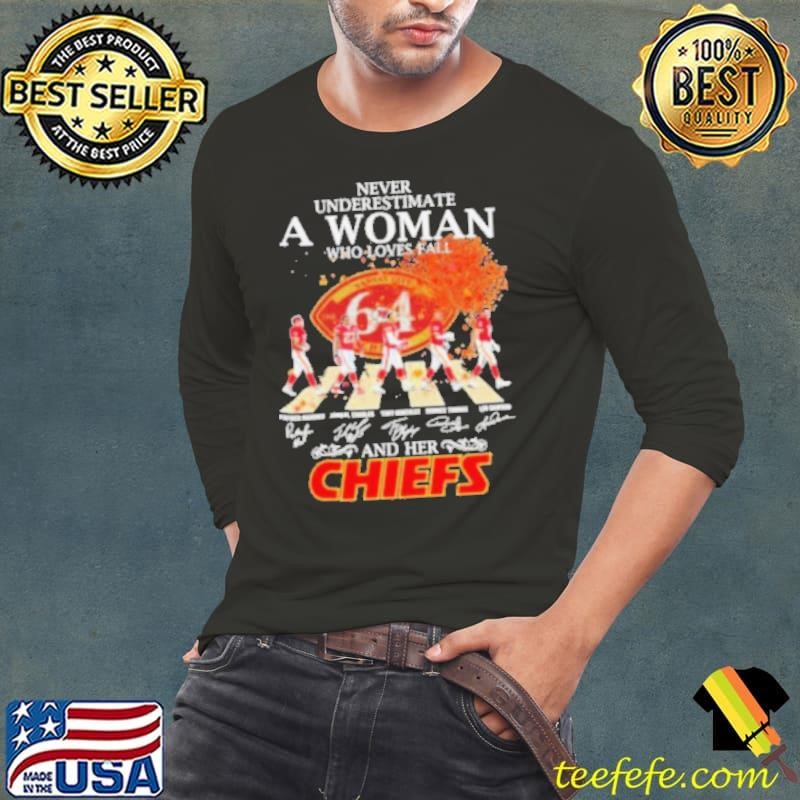 Never Underestimate A Woman Who Loves Fall And Her Kansas City Chiefs Abbey Road Signatures Shirt