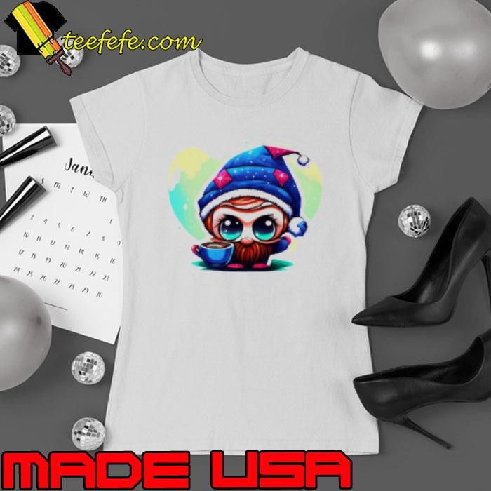 Nice Cartoon Character with Elf Hat and Coffee Shirt