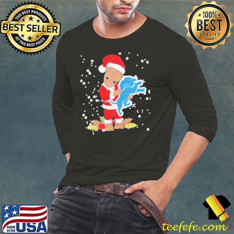 Santa Baby Groot Hug Detroit Lions Christmas Long Sleeve Tee