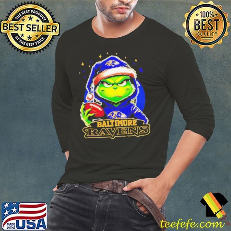 Baltimore Ravens Grinch wearing Santa hat Christmas 2024 shirt