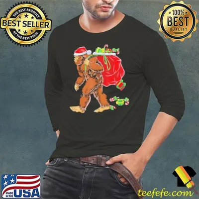 Bigfoot Santa Carrying Christmas Bag Xmas Hat Sasquatch Shirt