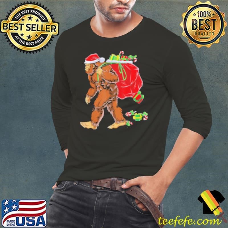 Bigfoot Santa Carrying Christmas Bag Xmas Hat Sasquatch Shirt