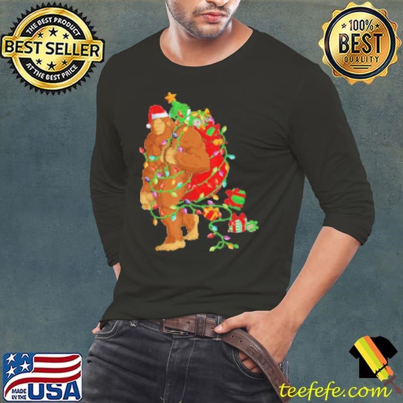 Bigfoot Sasquatch Santa Hat Christmas Xmas Tree Pjs Boys Men Shirt