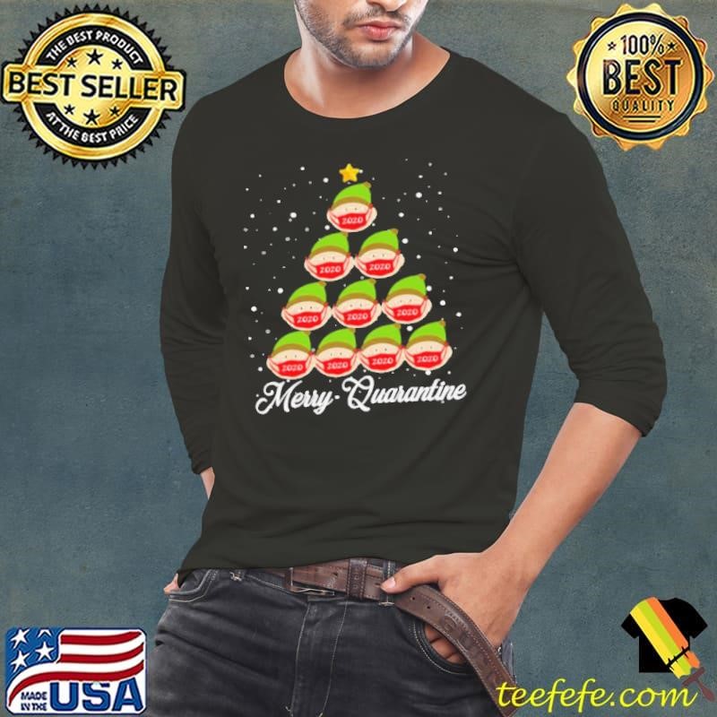 Elf Wearing Mask Merry Quarantine Christmas Tree Pajamas Long Sleeve Tee