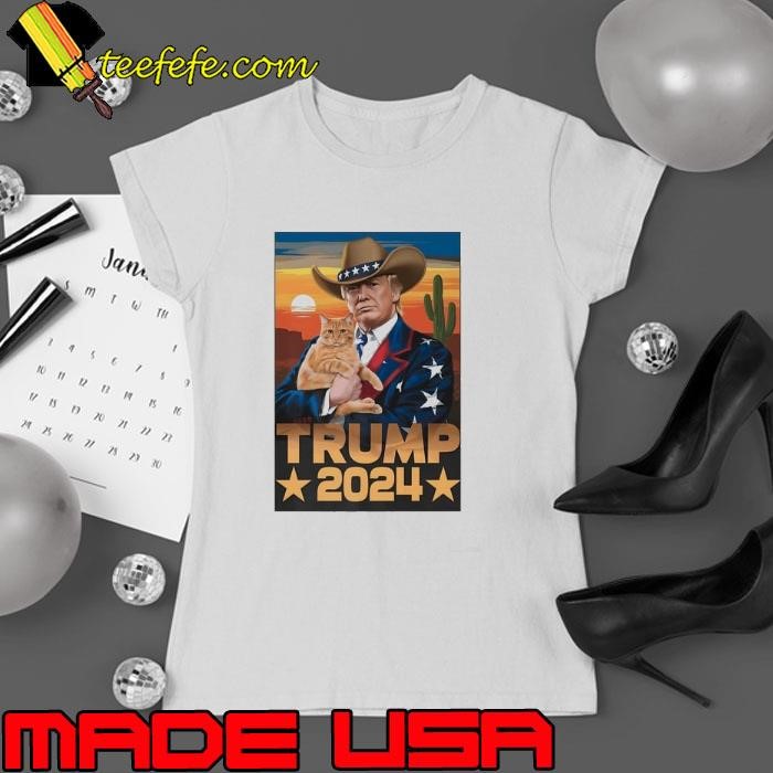 Funny Vintage Western Trump Cowboy And Cat Election 2024 Ladies tee