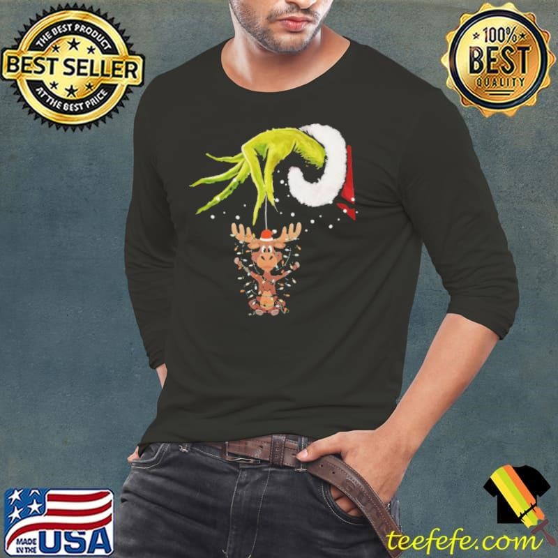 Grinch Hand Moose Christmas Lights 2024 Long Sleeve Tee