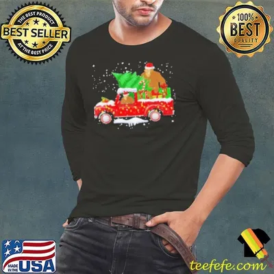 Santa Bigfoot Riding Red Truck & Xmas Tree Merry Christmas Shirt