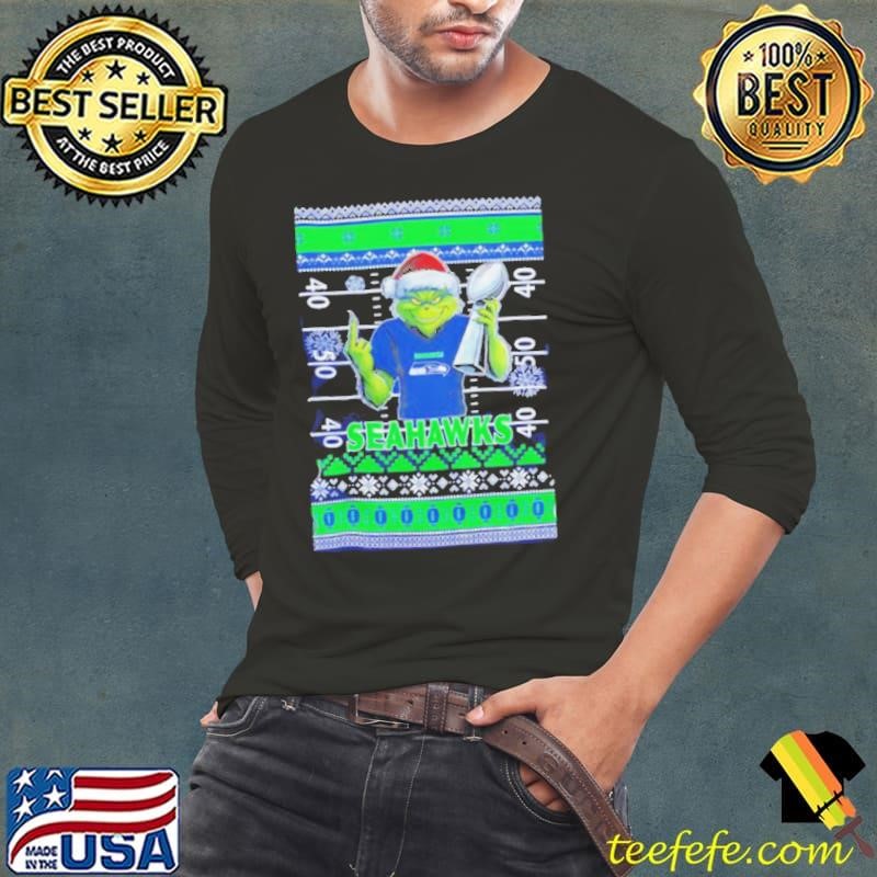 Seattle Seahawks X Grinch Christmas with Super Bowl Trophy ugly Christmas shirt