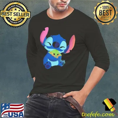Stitch Hugging Baby Yoda Mandalorian Shirt