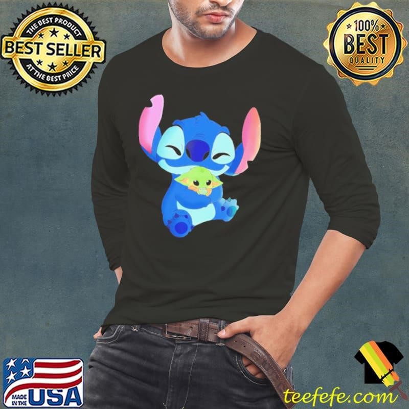 Stitch hugging Baby Yoda Mandalorian cartoon shirt