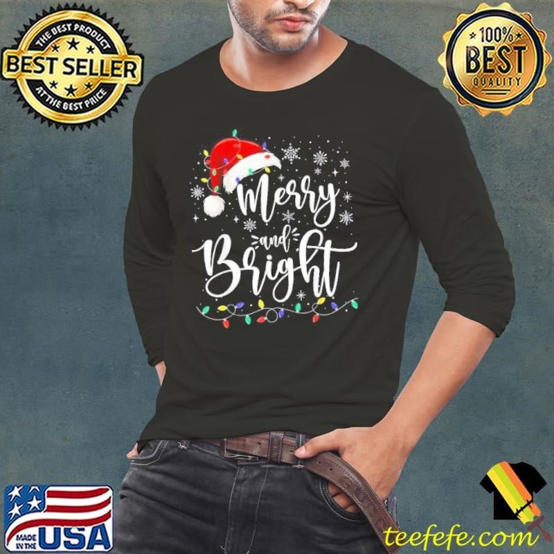 Merry And Bright Lights Red Santa Hat Xmas Family Men Shirt