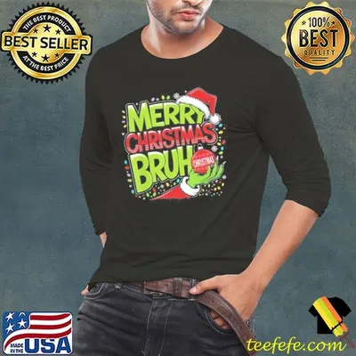 Merry Christmas Bruh Green Hand Santa Hat Xmas Family Pjs Shirt