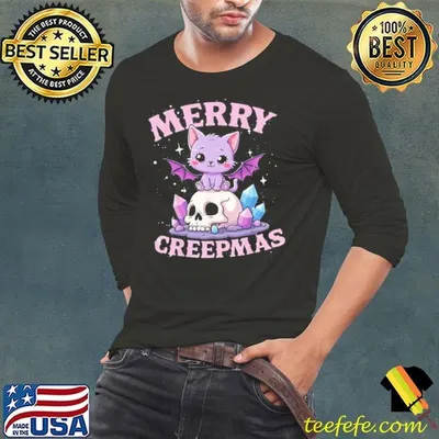 Merry Creepmas Cat Pastel Goth Christmas Skull Shirt