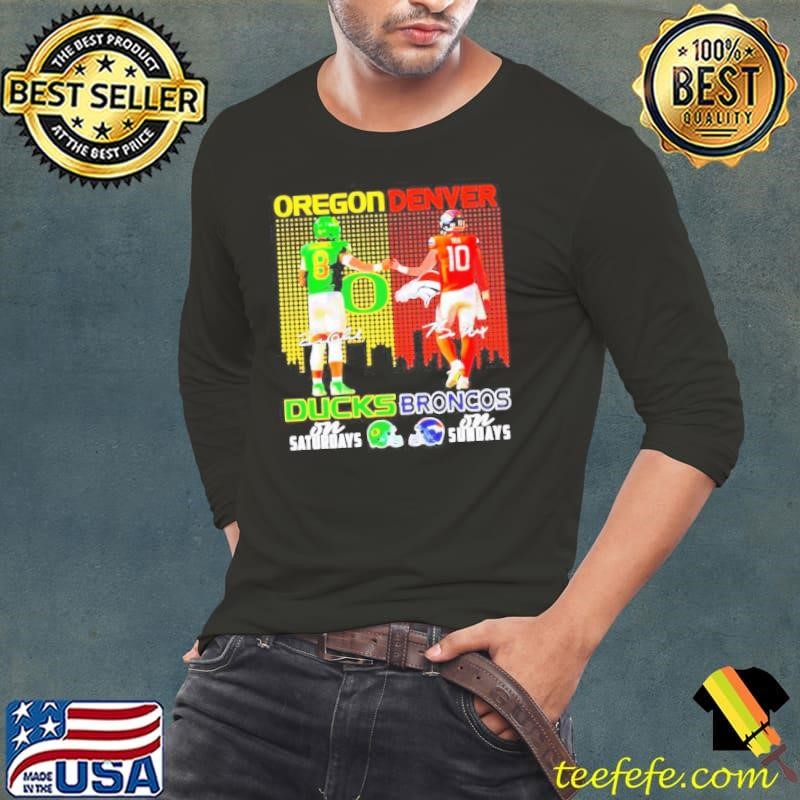Oregon Ducks on saturdays and Denver Broncos on sunday city skyline signatyres shirt