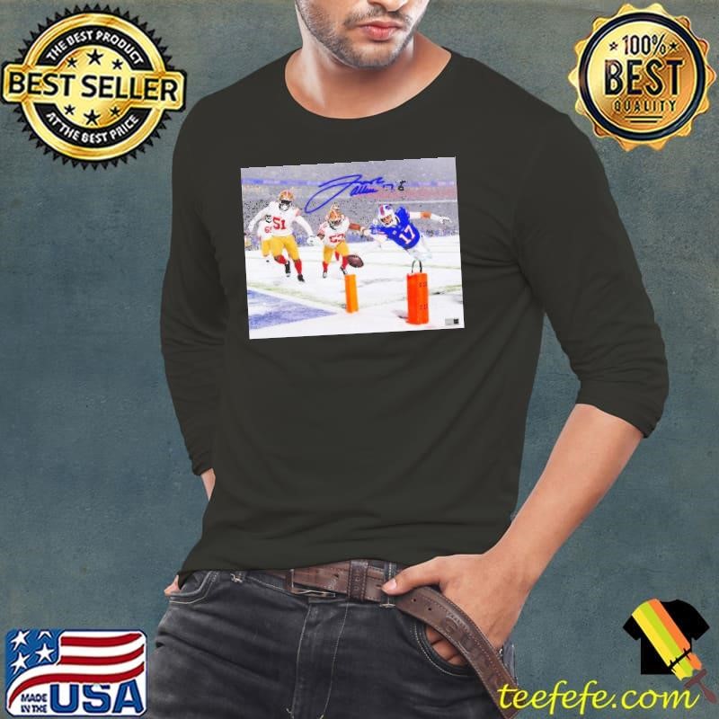 Poster Josh Allen Snow Buffalo Bills Vs San Francisco 49ers Pylon Dive Photo Signature Long Sleeve Tee
