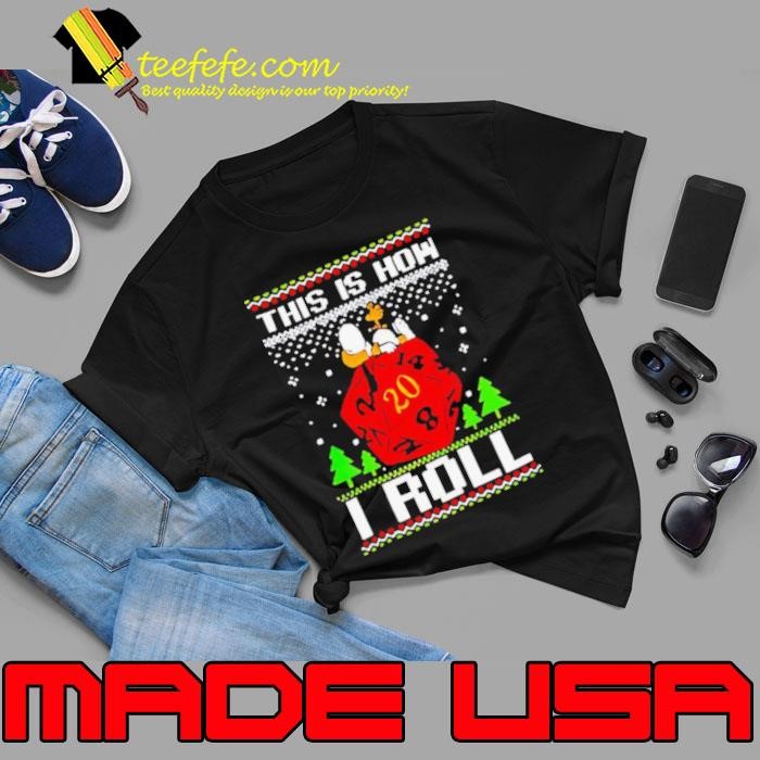 Snoopy and Woodstock atop a D20 this is how I roll ugly Christmas Unisex