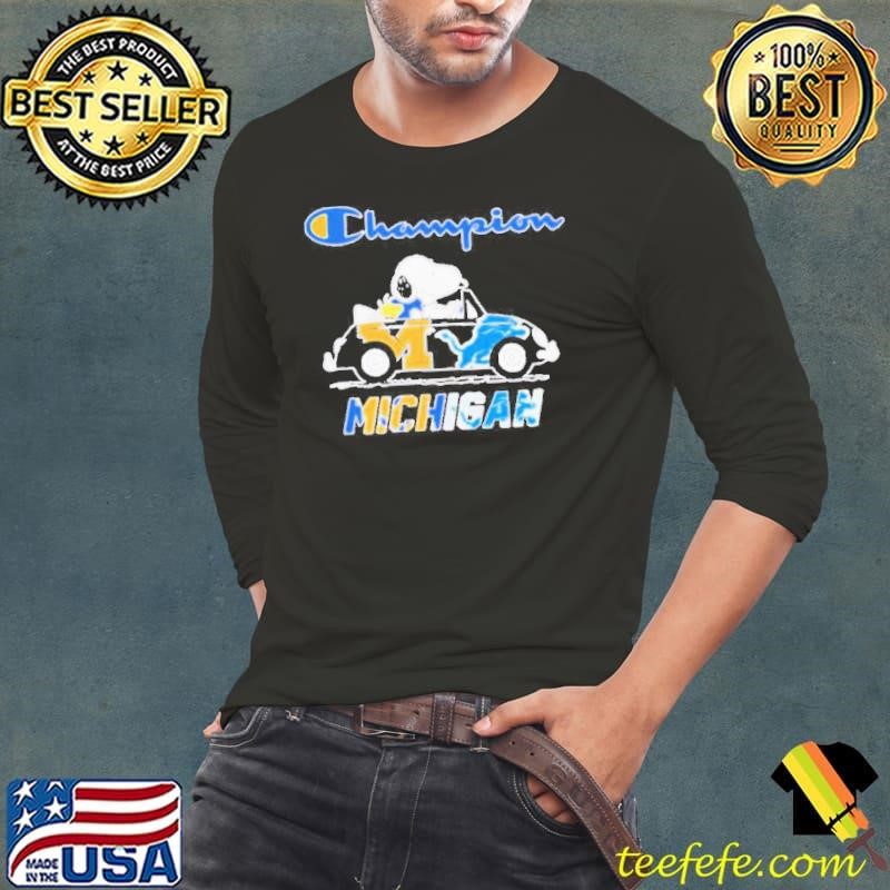 Snoopy and Woodstock driving car Wolverines and Lions champions Michigan shirt