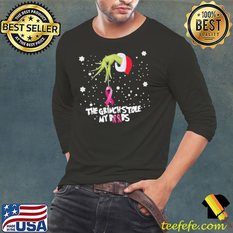 The Grinch Hand holding Breast Cancer the Grinch stole my boobs Merry Christmas 2024 shirt