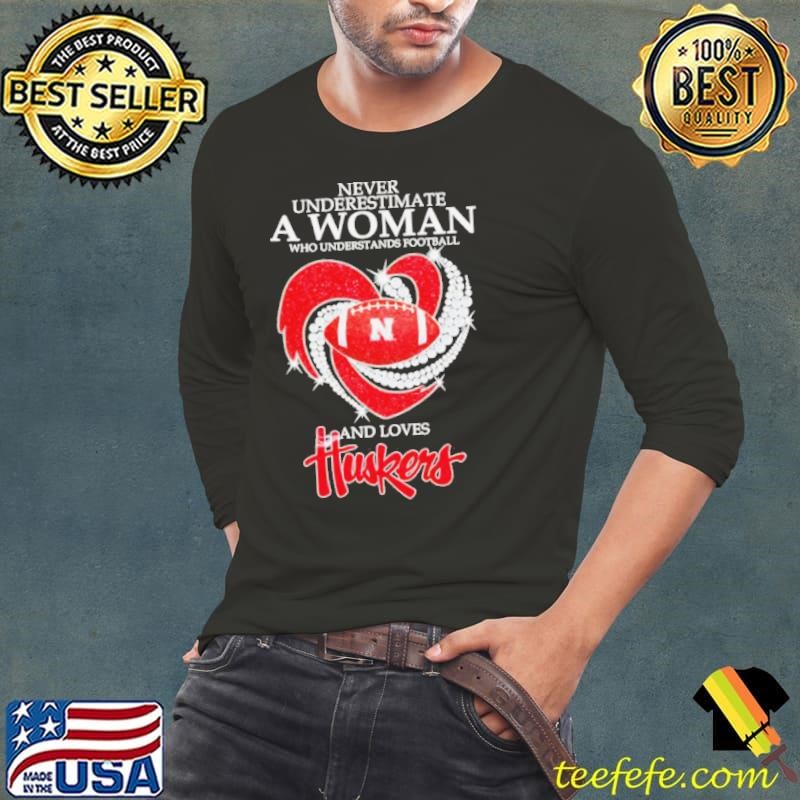 Never underestimate a woman who understands football and loves Huskers diamond Long Sleeve Tee