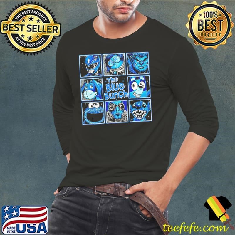 Blue Ranger Sadness Beast Eeyore Bluey Cookie Monster Abe Sapien and Stitch The Blue Bunch Long Sleeve Tee