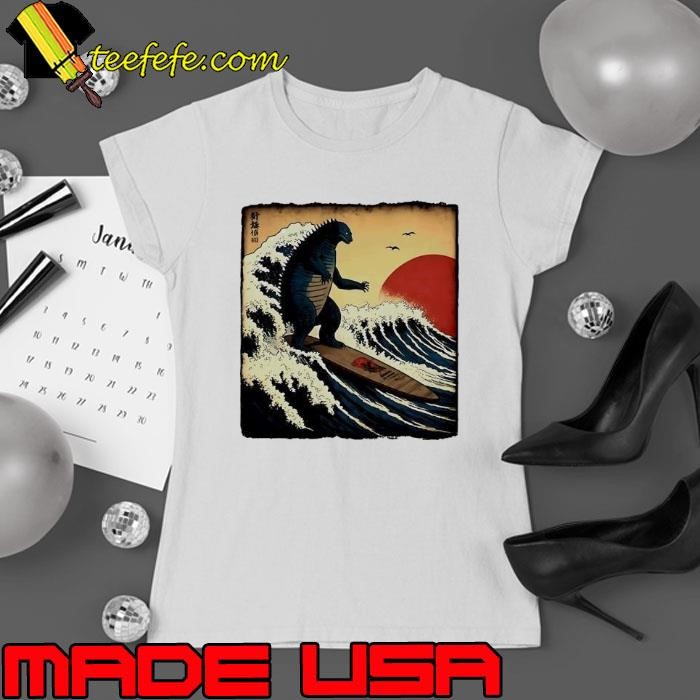 Godzilla surfing the great wave by hokusai Ladies tee