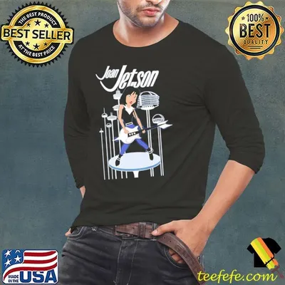 Joan Jetson playing guitar rock and roll shirt